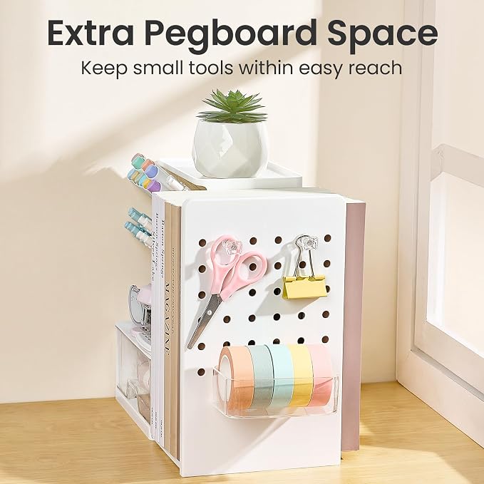 Sooez Desk Organizer with Bookends, Pegboard & Drawer, Pen & Pencil Holder | Desk Accessories with 5 Compartments, Teacher School Office Supplies, Dorm Room Organization Storage for Sticky Notes, Pink - Image 6