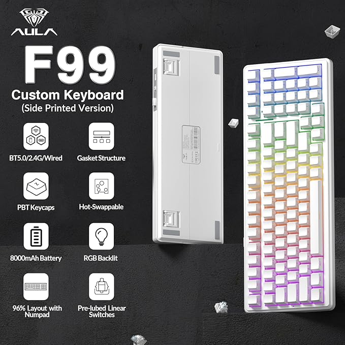 AULA F99 Wireless Mechanical Keyboard,Triple-Mode(BT5.0/2.4GHz/USB-C),Gasket Mounted Creamy Keyboard with Linear Switches, Side Printed PBT Keycaps,RGB Backlit PC Gaming Keyboards for Win/Mac - Image 2
