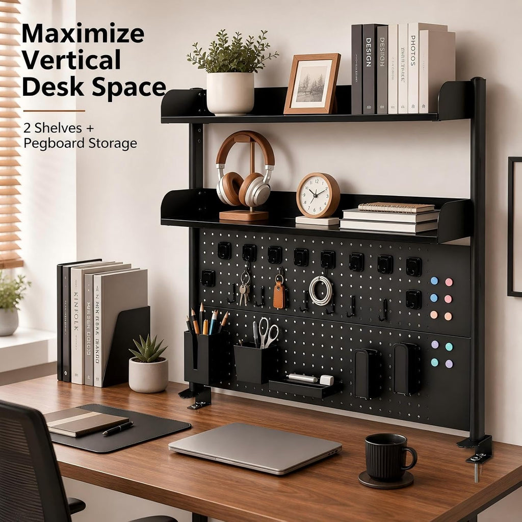 Clamp-On Desk Hutch with Pegboard, 39.5 x37.5in 2-Tier Desktop Organizer Shelf, Carbon Steel Frame with 2 Shelves and Pegboard Storage, for Office, Dorm, Study - Image 4