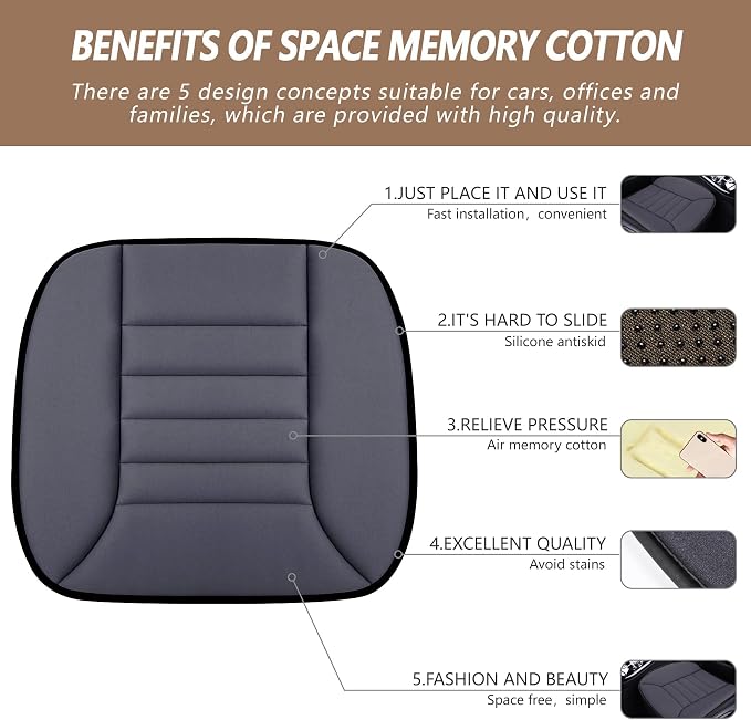 2PCS Car Seat Cushion Pad 1.2" Thick Comfort Seat Protector for Car Driver Seat Office Chair Home Use Memory Foam Seat Cushion with Non Slip Bottom, 20'' x 18.5'', Dark Gray - Image 2