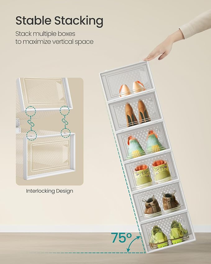 SONGMICS Shoe Boxes, Clear Plastic Sneaker Box, Pack of 12 | Stackable Shoe Storage Organizers, for Closet, 13.1 x 9.1 x 5.6 Inches, Transparent and White, DENNYS Collection ULSP12SWT - Image 3