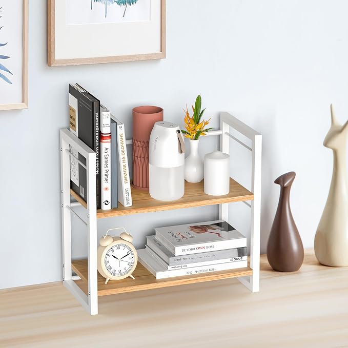 Office Desk Shelf Organizer, Wood Desktop Bookshelf Supplies Storage Rack, Shelf for Top of Desk and Dresser (White-2 Tier) - Image 4