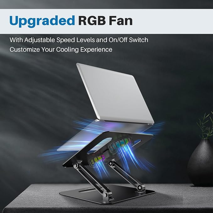 YICOSUN Adjustable Laptop Cooling Stand with 2 Quiet Fans & RGB Lighting, Aluminum Alloy & Foldable Ergonomic Design for MacBook, Lenovo, ASUS, Dell 10-16 Inch, Perfect for Gaming, DJ, Office - Black - Image 2