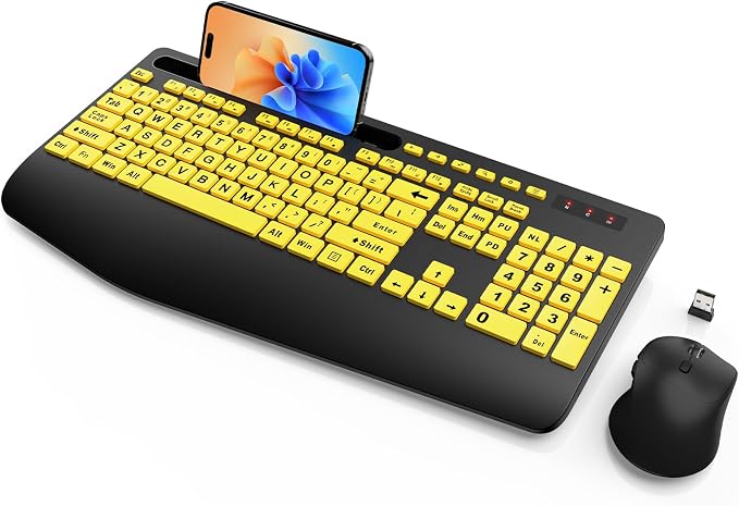 Wireless Keyboard and Mouse Combo with Large Print, Ergo Wrist Rest | 2.4G Lag-Free, Phone Holder, Silent Typing, Full Size High Contrast, KM23D Battery Powered Set for Low Vision and Elderly by SABLUTE