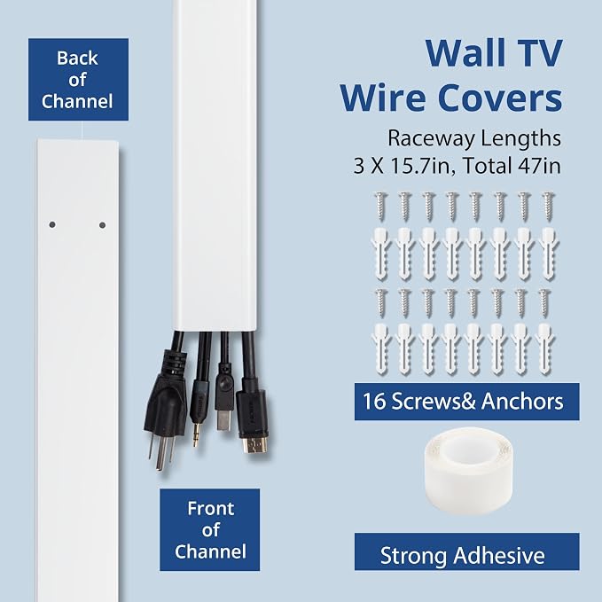 47in TV Cord Hider, Adhesive & Screw Mount Large Cable Hider Kit | Cord Covers for Wall Mount TV, Paintable Cable Management Cord Organizer, Wire Hiders for TV on Wall L15.7inW2inH0.7in, Beige - Image 3