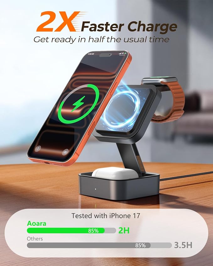 3 in 1 Wireless Charging Station for Apple Multiple Device, MagSafe Charger | Foldable Travel Compact, Charger Stand with 20W PD Adapter for iPhone 17/16/15/14/13, Apple Watch, AirPods Pro/4 - Space Grey - Image 3