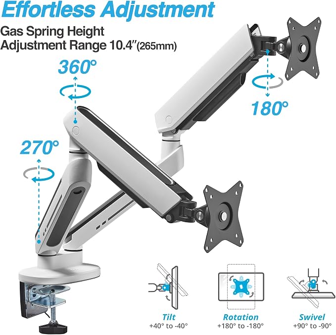 AVLT Dual 27”-43” RGB Gaming Monitor Arm Desk Mount - White | Built-in 20 Lighting Modes Touch Button Control Fits Flat/Curved/Ultrawide Screen Height Swivel Tilt Rotation Adjustable - Image 3