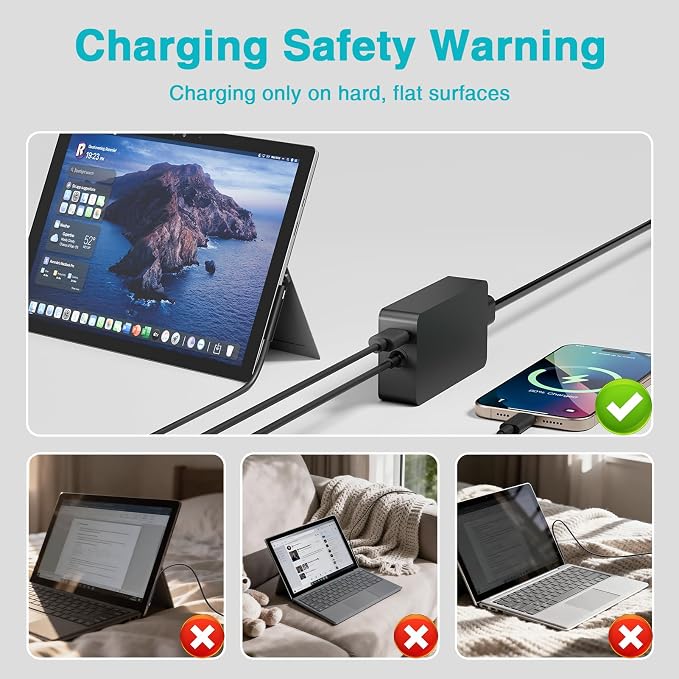65W Charger Compatible with Microsoft Surface Pro 11, 10, 9, 8, 7+, 7, 6, 5, 4, 3, X, Power Adapter for Windows Surface Laptop 7/6/5/4/3/2/1, Go Tablet, Book 3/2/1, Support 44W, 36W, LED, 10FT - Image 6
