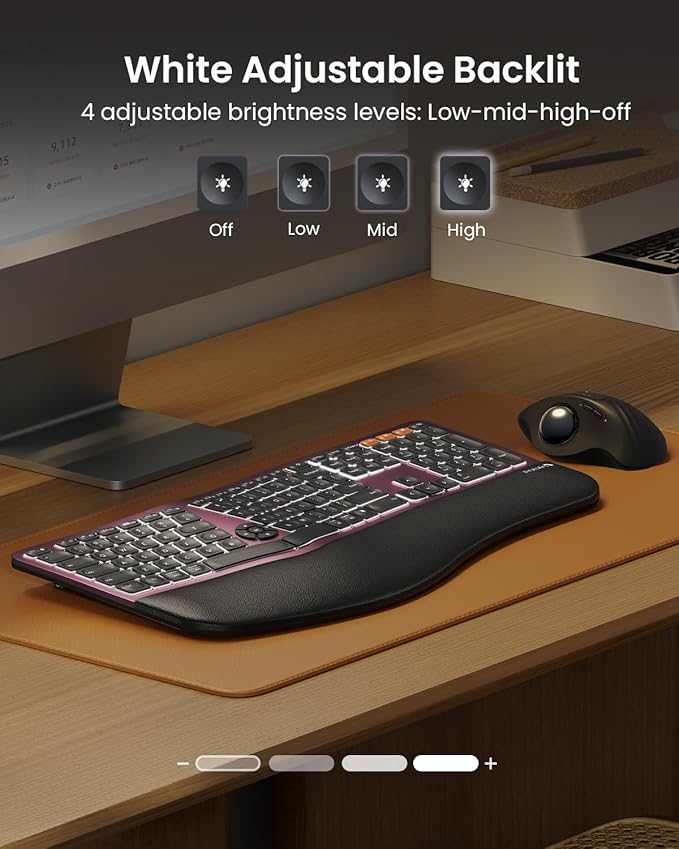 ProtoArc EK01 Plus Backlit Bluetooth Ergonomic Keyboard, Full Size, Red | Adjustable brightness, split design, cushioned wrist rest, connect 3 devices via Bluetooth/2.4G, 2000mAh USB-C rechargeable. - Image 3