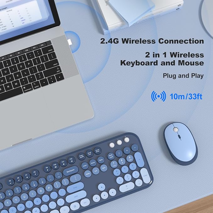 MOFII Wireless Keyboard and Mouse Combo,2.4G Typewriter Keyboard Quiet Mice | Retro Full Size Computer Keyboards, Cute Mouse, USB Dongle Plug and Play, for PC,Laptop,Desktop,Windows (Sea Blue Gradient) - Image 2