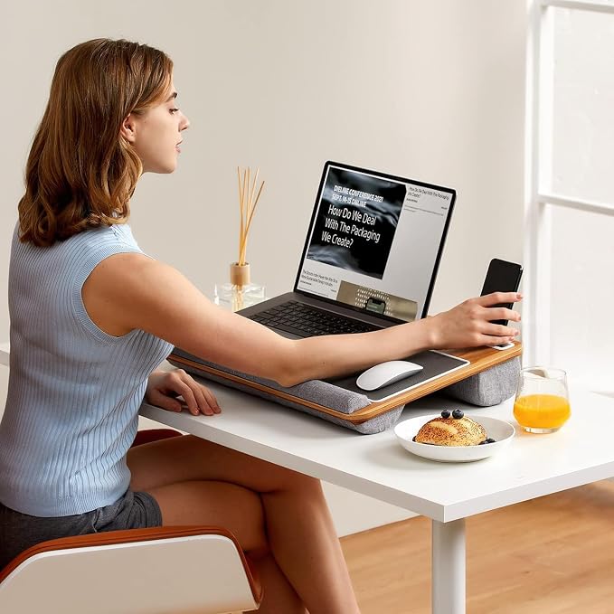 HUANUO Lap Desk - Fits up to 17 inches Laptop Desk, Built in Mouse Pad & Wrist Pad for Notebook, Laptop, Tablet, Lap Stand with Tablet, Pen & Phone Holder, Wood Grain - Image 6