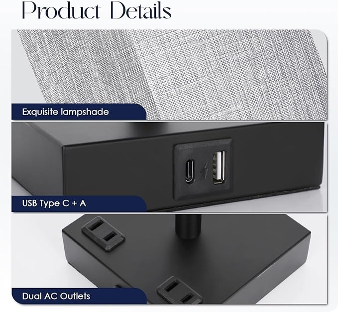 Bedside Table Lamps Set of 2 - Touch Nightstand Lamp for Bedroom with USB C+A Charging Ports & AC Outlets, 3-Way Dimmable Desk Lamp Grey Fabric Shade for Bedroom Living Room, Office(Bulb Included) - Image 6