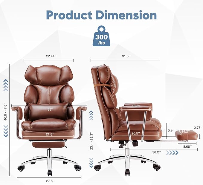 DUMOS Ergonomic Home Office Desk Chair, Executive Chair, PU Leather | Big Tall High Back, Lumbar Support, Reclining Height Adjustable, Computer Gaming, Footrest Swivel Wheels, Brown - Image 2