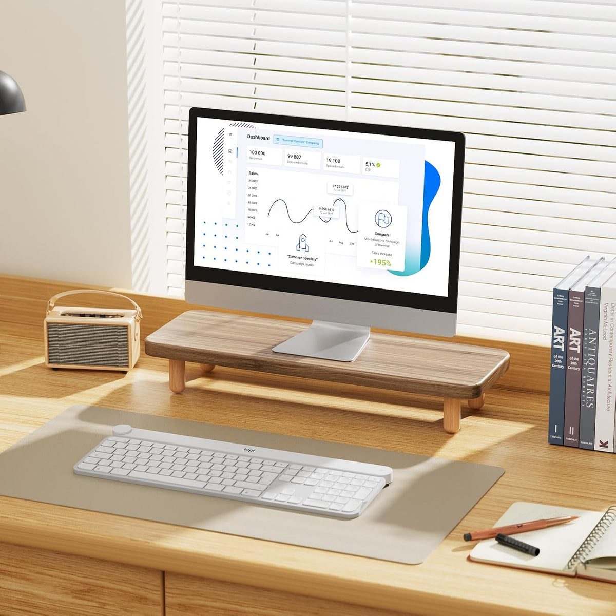 Monitor Stand Riser, 24 Inch Wood Desk Organizer with Monitor Stand & Storage Computer Monitor and Laptop Riser Multifunctional Laptop Stand Desk Organizer for Office Home Screen/Laptop/PC -Light Walnut - Image 5