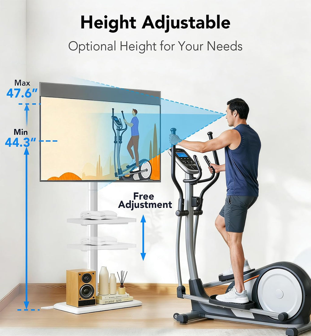 Floor TV Stand with Mount for 26-60 inch TVs up to 77 lbs, Height Adjustable Swivel Tilt TV Stand with Wood Base & Shelf, Saving Space Design for Bedroom, Living Room and Corner, White - Image 4