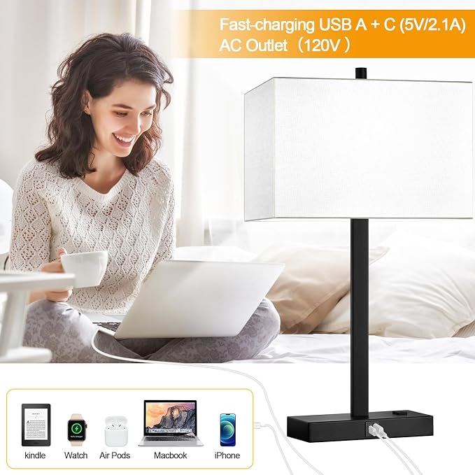 Lynnoland 21" Set of 2 Table lamp with USB A+C & AC Outlets, Touch Control 3-Way Dimmable Nightstand Lamps for Bedroom Living Room Office Reading, White Shade Touch Lamps, 5000K LED Bulbs Included - Image 6