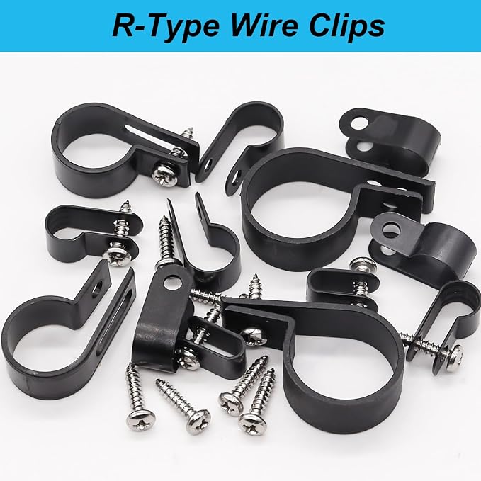 TWTADE 222PCS Black Cable Clamps Assortment Kit,Nylon Plastic R-Type 6 Sizes 3/16'' 1/4'' 3/8'' 1/2'' 3/4'' 1'' Cable Mounting Wire Clips Fastener with Screws for Wire Management - Image 6