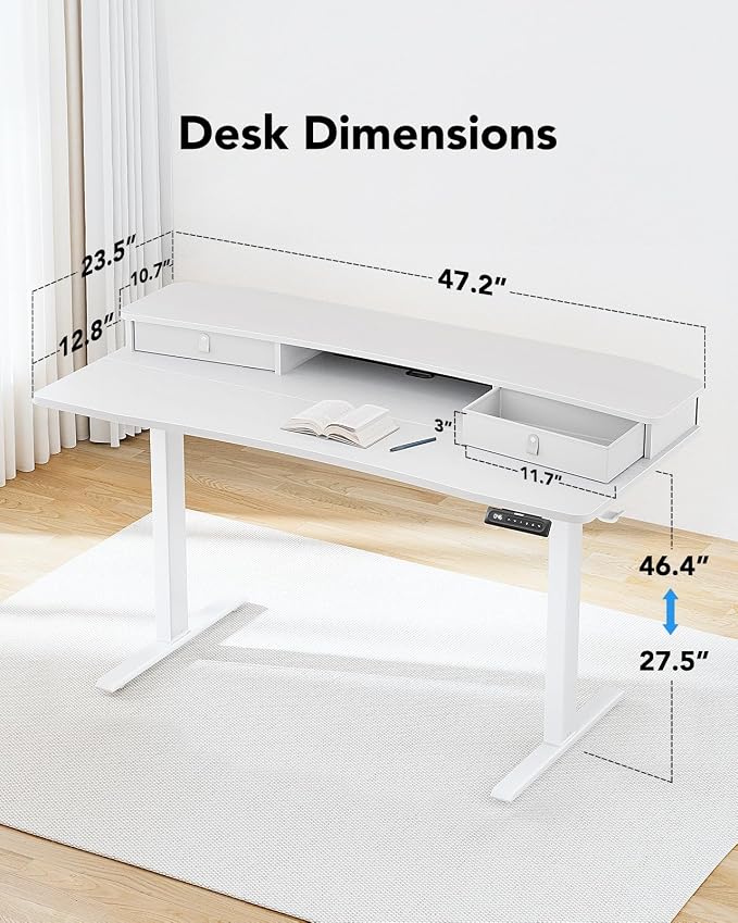 HUANUO 48″ x 24″ Electric Standing Desk with 2 Drawers, C-Clamp Mount Compatible, Height Adjustable Computer Desk, Home Office Stand Up Desk with 4 Preset Heights & 2 Hooks, White - Image 3