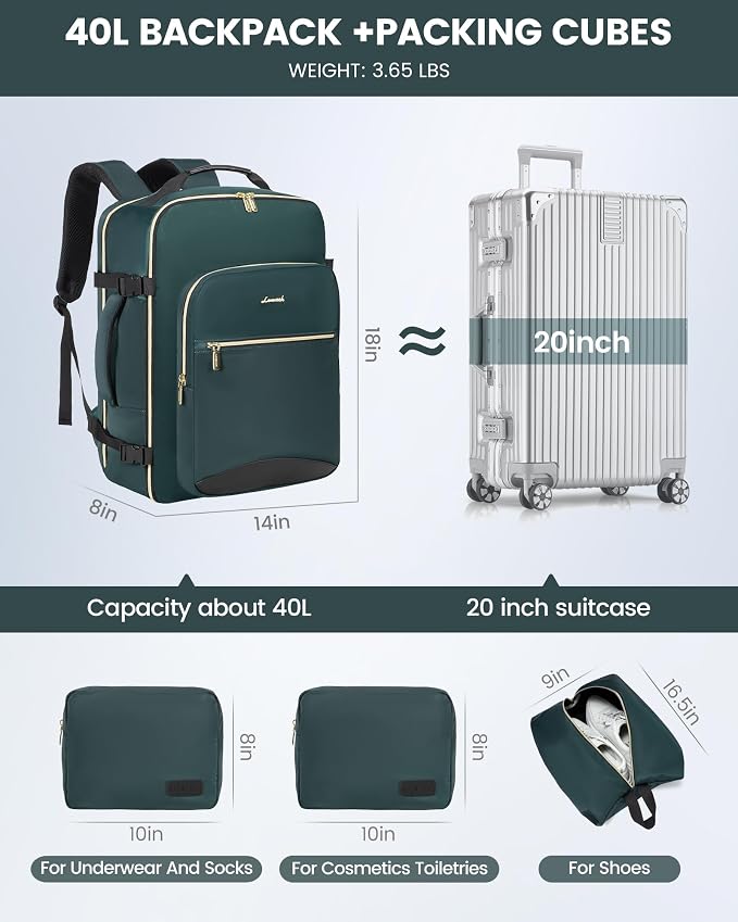 LOVEVOOK 40L Travel Backpack Flight Approved Carry on Backpack,3 Packing Cubes,Waterproof Personal Item Travel Bag,TSA Carry on Luggage Suitcase Travel Essentials,Gifts for Women & Men,fits 17" Laptop - Image 5