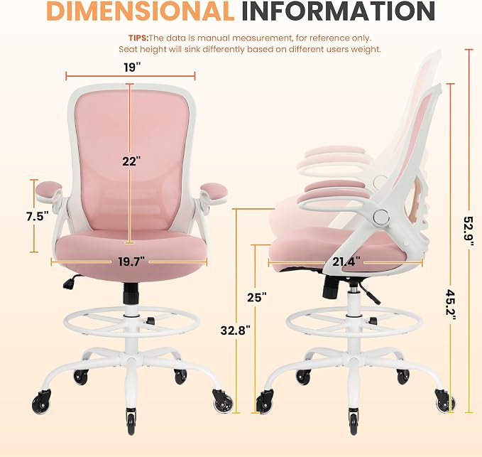 Drafting Chair Tall Office, Ergonomic Standing Desk Stool Adjustable Big and Tall Drafting Office Chair with Flip-Up Armrests, Mesh, Pink - Image 2