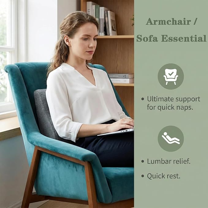 baibu Patented Dual-Layer Memory Foam Lumbar Pillow for Recliner, Dark Grey | Ergonomic back support for recliners, sofas, and gaming chairs with a removable machine-washable cover for easy care. - Image 3