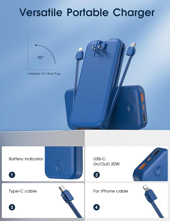 Nusyddy Portable Charger 10000mAh Fast Charging w/Built-in Wall Plug Navy | PD20W Fast Charging, LED Indicator, Pass Through Charging, TSA Approved, Compact/Slim, Power Bank for iPhone/iPad/Samsung - Image 3