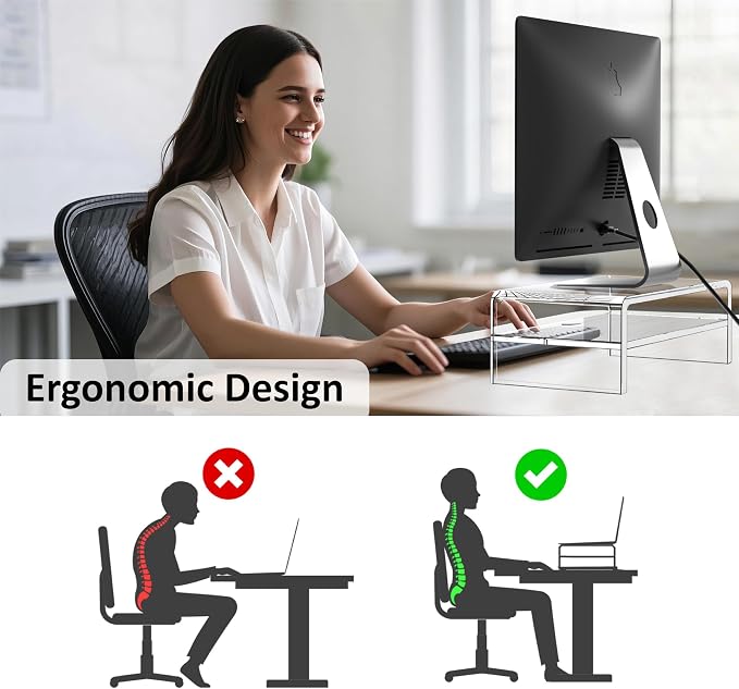 Egchi Clear Acrylic Monitor Stand Riser 2 Tier, 5.12 Inches High Clear Computer Desk Organizer Shelf for Multi Media PC Storage Laptop | Clear, Desk Shelf, for Multi Media PC Storage, Laptop Stand - Image 3