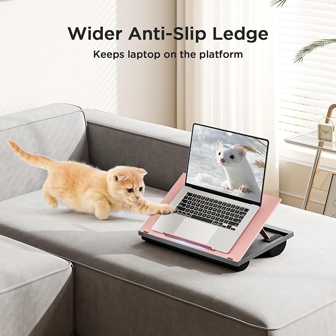 HUANUO Adjustable Lap Desk - with 8 Adjustable Angles & Dual Cushions Laptop Stand for Car Laptop Desk, Work Table, Lap Writing Board & Drawing Desk on Sofa or Bed, Pink | Dual-cushion base, carry handle, 30% thicker for durability, wider anti-slip led... - Image 5
