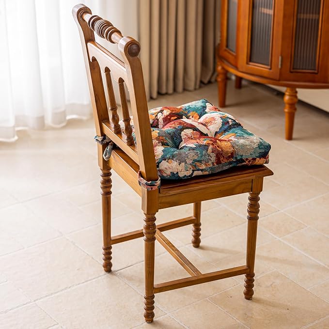 vctops Farmhouse Floral Print Chair Cushions with Ties U-Shaped Soft Comfortable Chair Pads Non Slip Seat Cushions for Indoor Dining Room and Kitchen Chairs (Flower E,16"x16") - Image 3