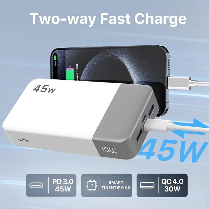 NOBIS Portable Charger 45W 20000mAh Power Bank Fast Charging | 2C+2A Battery Pack with C to C Cable, Battery Bank with Digital Display for iPhone Android Laptop etc - Image 6