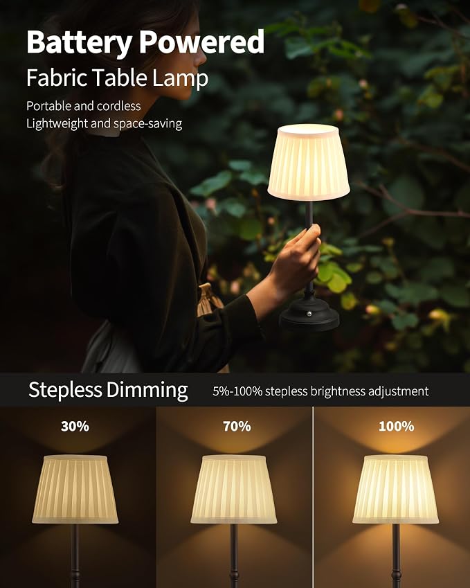 KDG Black Cordless Portable LED Table Lamp, White Fabric Shade Desk Lamp | 4000mAh Rechargeable Battery Powered Lighting, Dimmable Light for Dining Room, Bedroom, Bedside, Night Light, Balcony - Image 4