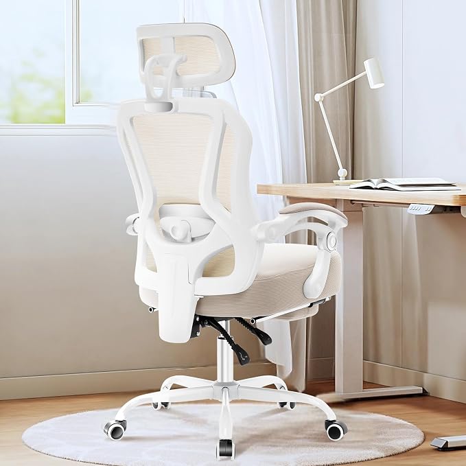 Ergonomic Office Chair with Footrest,Ultra Thick Desk Chair,Cream | 150°Reclining,Mesh High Back,Adjustable 2D Lumbar Support and Headrest,4.8" Spring Cushion,Premium Computer Chair for Adults - Image 7