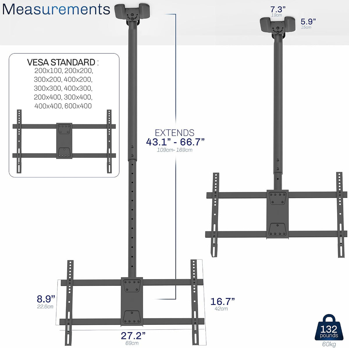 VIVO Black TV Ceiling Mount for 43 to 86 inch Screens, MOUNT-VC86-5 - Image 4