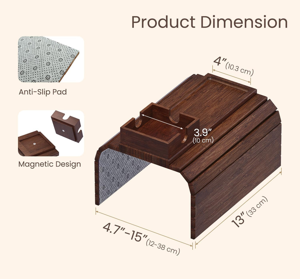 Fibogollo Bamboo Foldable Sofa Arm Tray with Square Cup Holder（Brown） - Image 2
