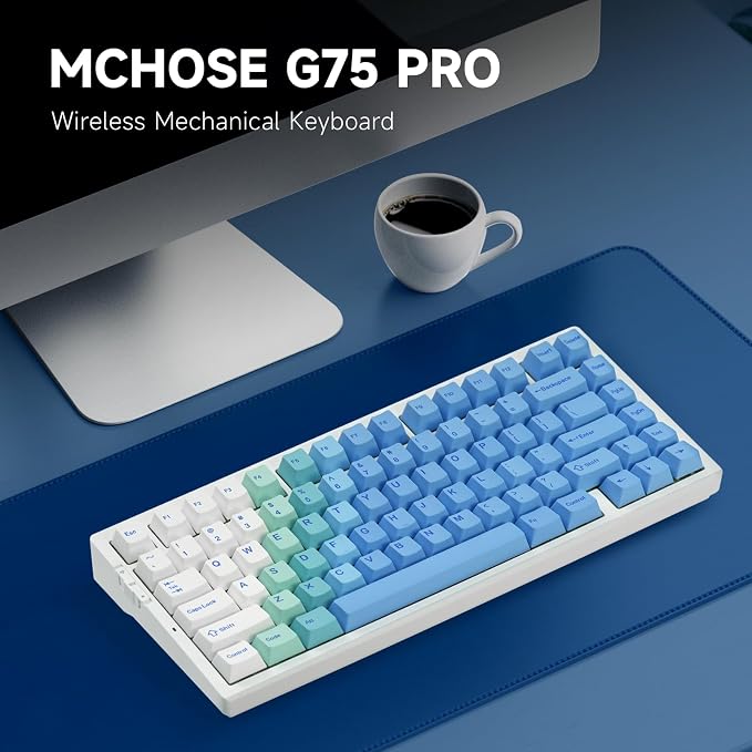 MCHOSE G75 PRO 75% Wireless Mechanical Keyboard, TKL Keyboards Tri-Mode BT5.0/2.4GHz/USB-C, Hot Swap Custom Creamy Keyboards Linear Switch, Double Shot PBT Keycaps RGB LED Backlit, White&Blue - Image 2