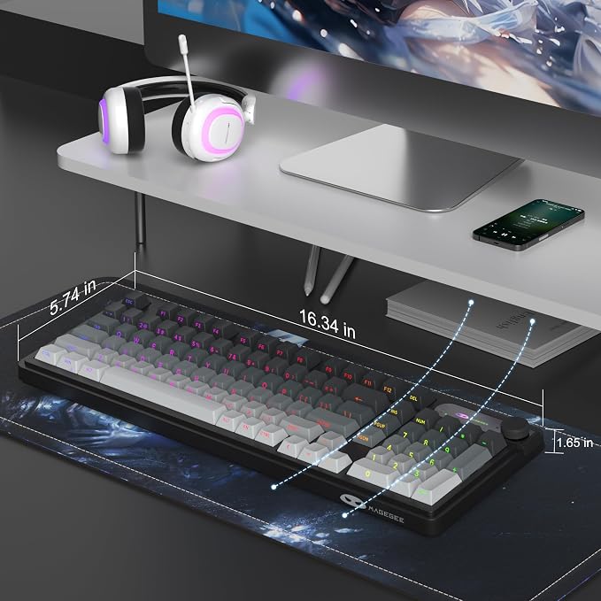 MageGee GK960 Wireless Keyboard, 98 Keys Tri-Mode BT/2.4G/Wired Membrane Gaming Keyboard, RGB Creamy Keyboard with Number Pad, Knob Control, Side Printed Keycaps, 4000mAh Battery - Black & Gray - Image 7