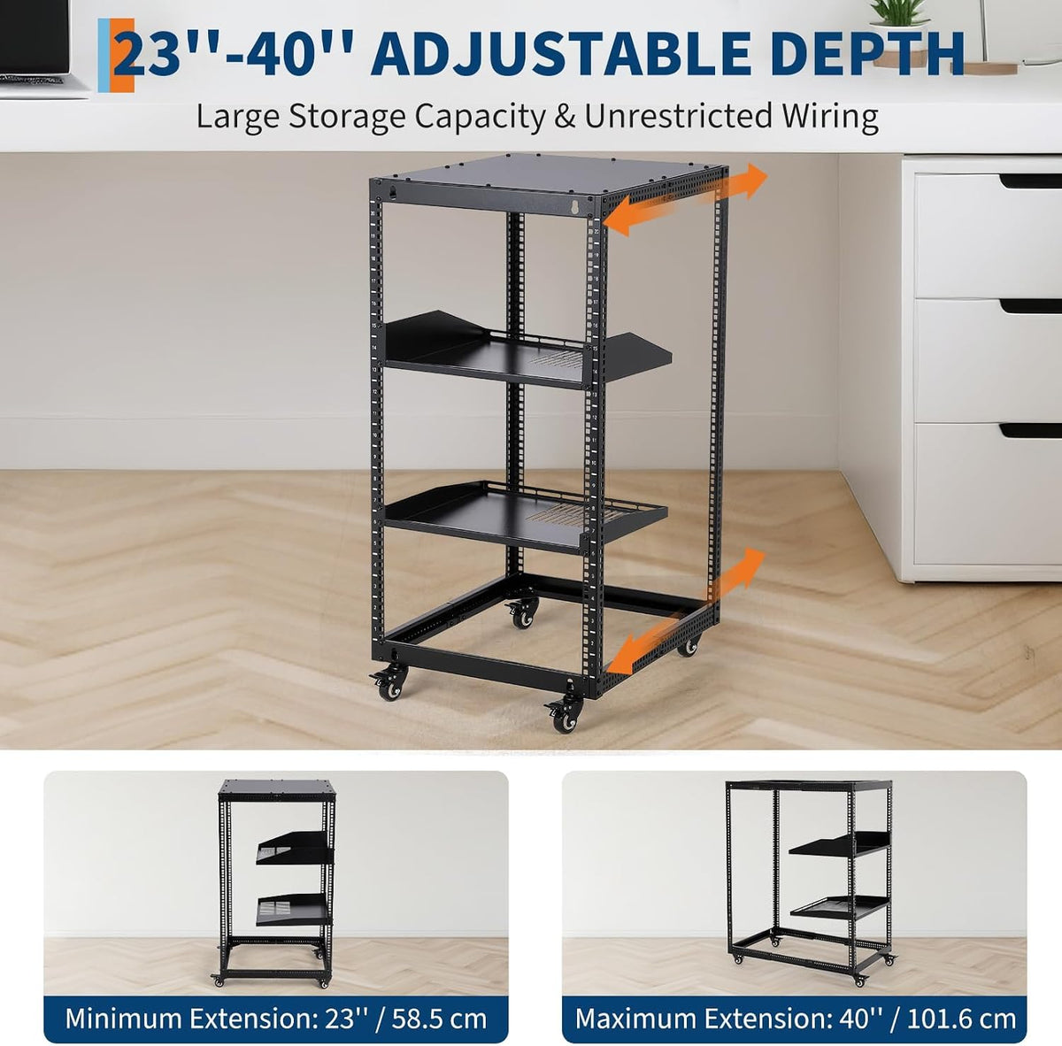 20U Open Frame Network Rack, 22"-40" Adjustable Depth, Wall Mount & Freestanding Server Rack with Lockable Casters + 2Pack 1U Shelves, Heavy Duty for IT AV Gear - Image 3