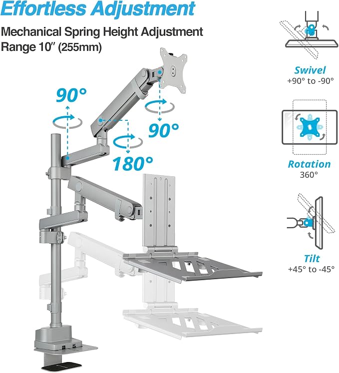 AVLT Laptop & 40 Inch Monitor Arm Pole Top Mount with USB-C&A Ports - Gray | VESA Compatible, Supports 26.4 lbs (12 kg), Ultrawide Screen Fit, Adjustable Height, Tilt Swivel Rotate, Cable Management - Image 4