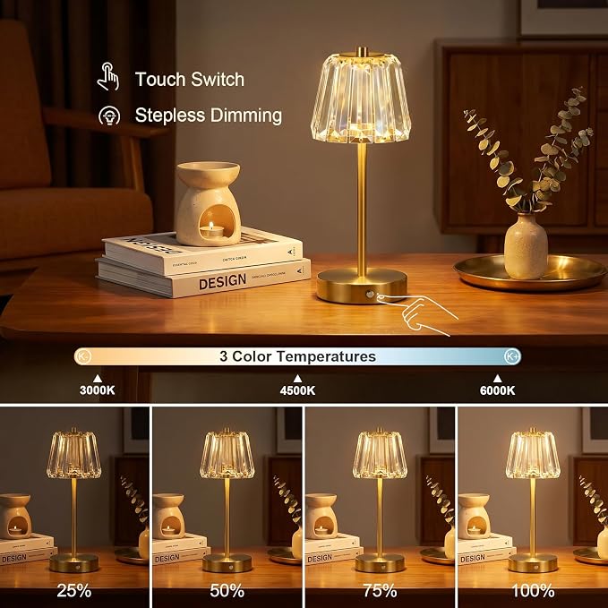 13" Small Crystal Cordless Table Lamp, Touch Rechargeable Desk Lamps | 3 Color Temps, Stepless Dimming, Gold Portable Battery Operated LED Table Lamp for Bedside, Nightstand, Kitchen, Patio, Decor - Image 3