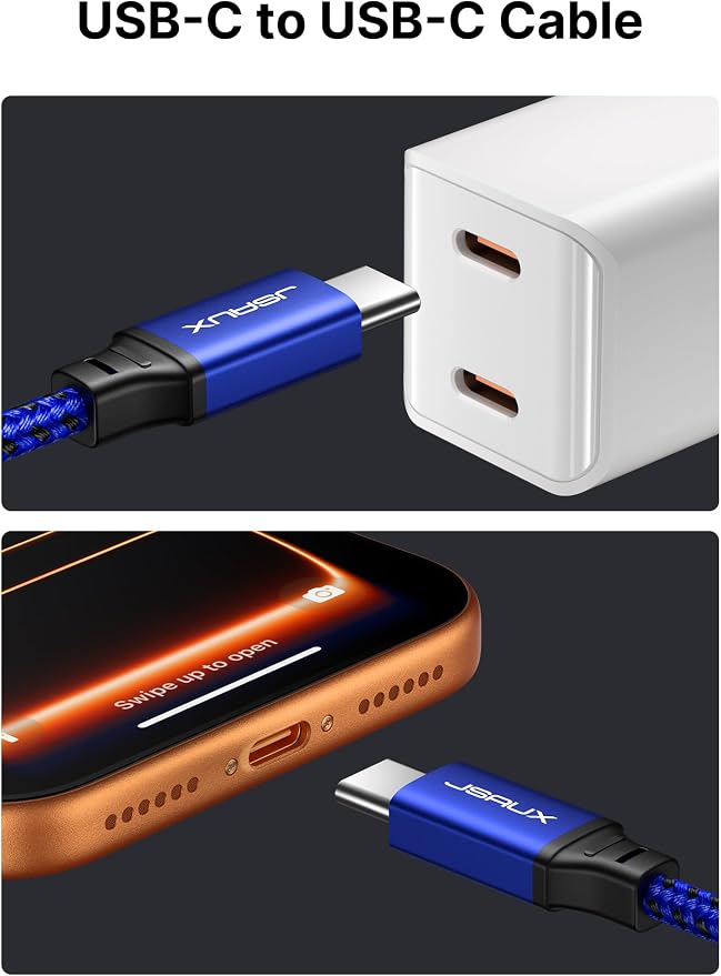 JSAUX 100W USB C to USB C Cable [2-Pack 3.3FT], PD Fast Charging, Blue | 100 Watt Fast Charger, Braided Type-C Cords for iPhone Air/17e/17/16/15 Series, Galaxy S/Note Series, MacBook and iPad - Image 2