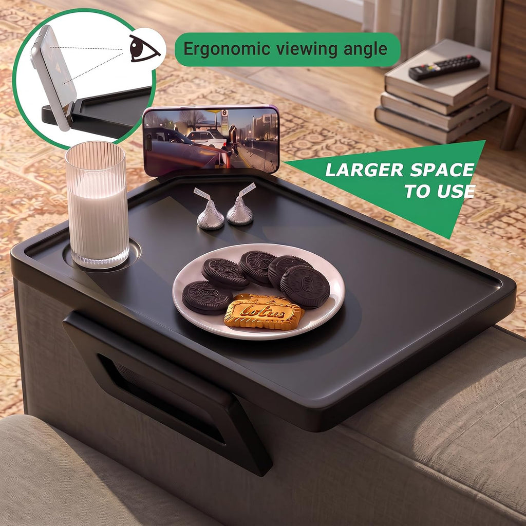 Couch Arm Tray Table Sofa Arm Clip Table, Armrest Tray Table Suitable for Home Drinks/Fast Food/Fruit Etc, Large Size Multi-Function Black - Image 2