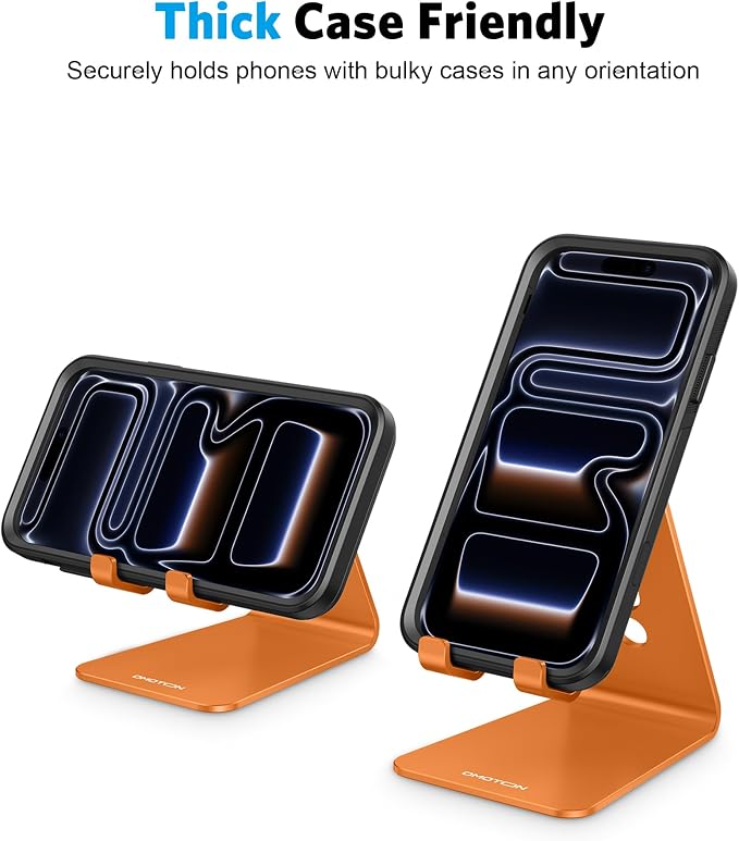 OMOTON Adjustable Cell Phone Stand, Aluminum Desktop Cellphone Stand with Anti-Slip Base and Convenient Charging Port, Fits All Smart Phones, Orange | Sturdy 3mm Aluminum, Charging Port, 270° Adjustable, Non-Slip Silicone Pads, Works with Thick Cases, ... - Image 8