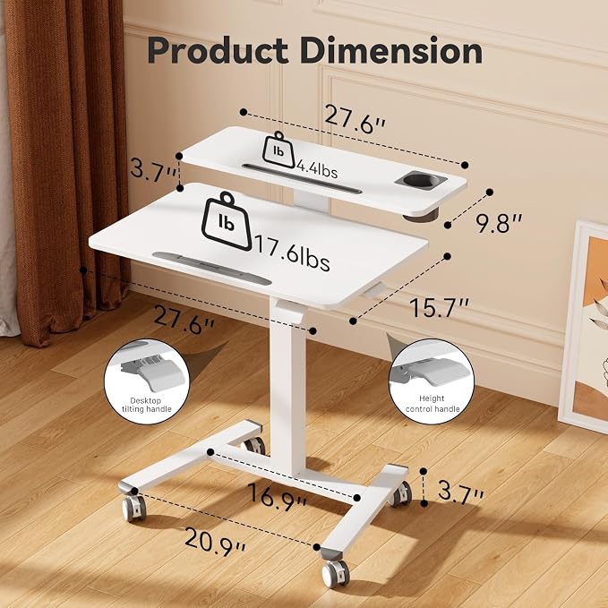 28" Mobile Standing Desk, Tiltable Top with 2-Tier Shelves, White | Pneumatic Rolling Desk, Adjustable Height Computer Workstation, Sit Stand Portable Drafting Table & Laptop Cart on Wheels - Image 2