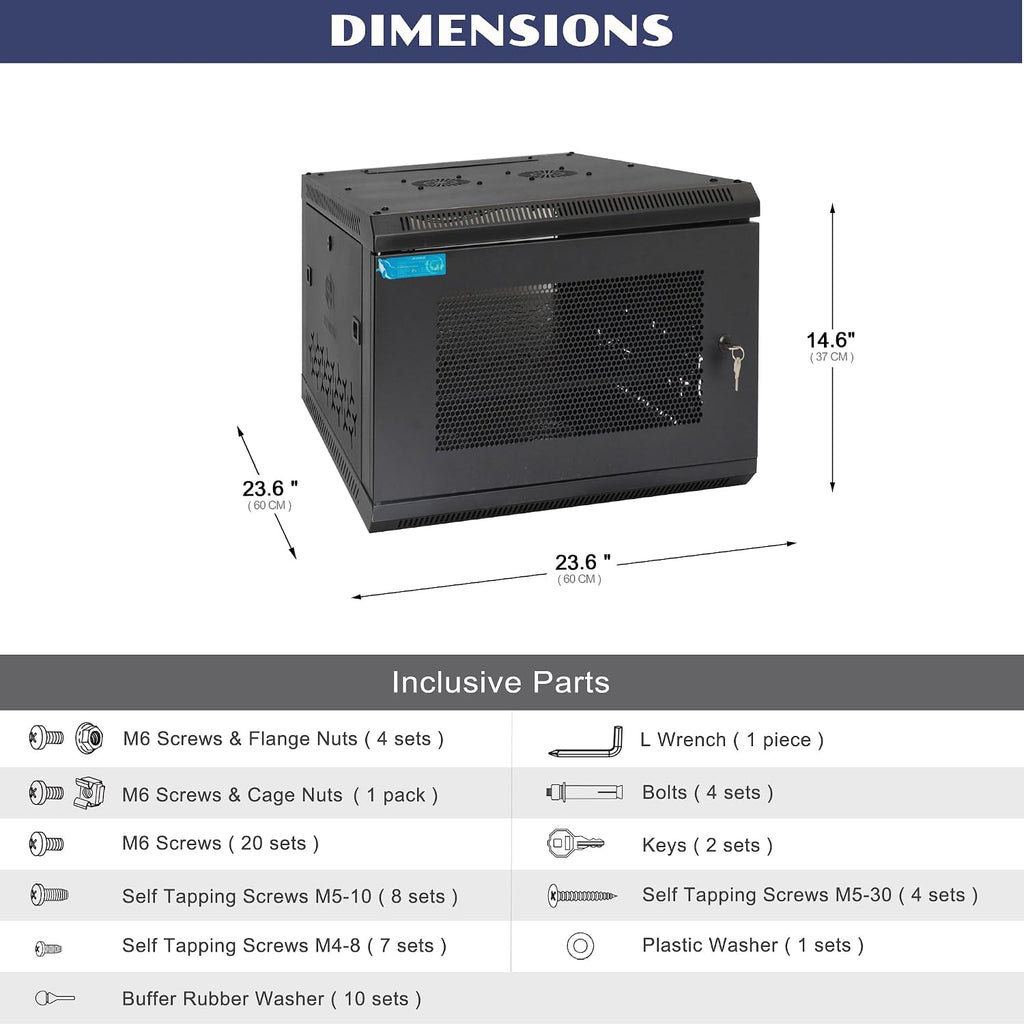 6U Wall Mount Server Cabinet with A Lockable Front Vented Door, Cooling Fans, Removable Side Panels - 60cm Depth, 19" Network Rack Including Full-Size Rack Shelf for IT Equipment - Image 2