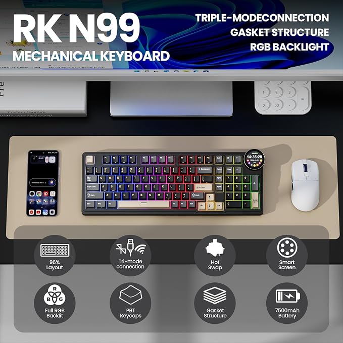 RK ROYAL KLUDGE N99 Wireless Mechanical Keyboard with Screen & Knob, BT/2.4G/USB-C, 96% Hot Swappable Custom Keyboard, Pre-lubed Linear Switches, Gasket Mount, RGB Gaming Keyboards - Image 2