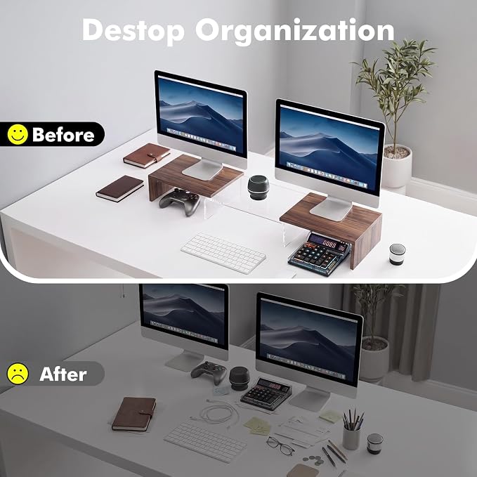 High-Clarity Dual Monitor Riser, Acrylic Monitor Riser, Adjustable Angle & Length Computer Monitor Stand, Wide Desk Shelf for Top of Desk for Home Office_Walnut Look Small - Image 7