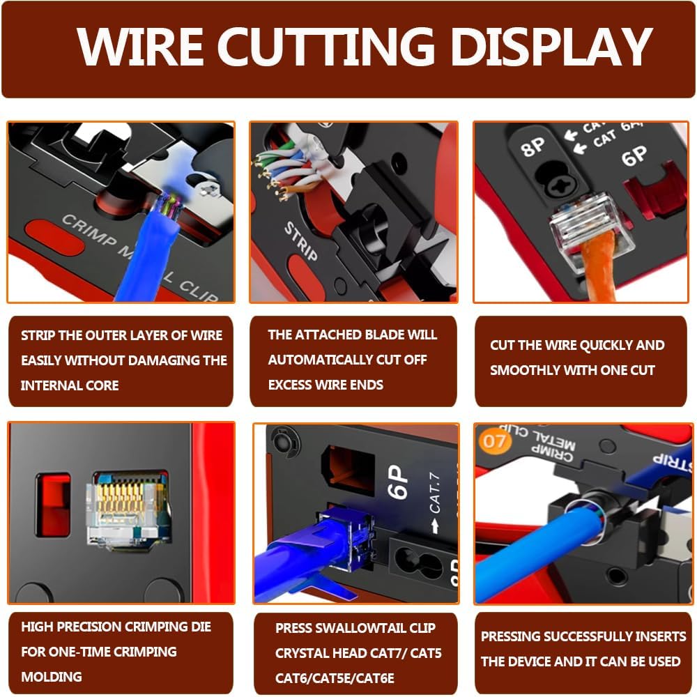 TAIWAIN CAT5 CAT6 RJ45 Crimping Tool kit Lan Cable Tester Crimper Set Network Crimper Set for Crimp CAT5 CAT6 Ethernet Wire Stripping Repair Kit 30PC Connector 50PC Cover(RED) - Image 4