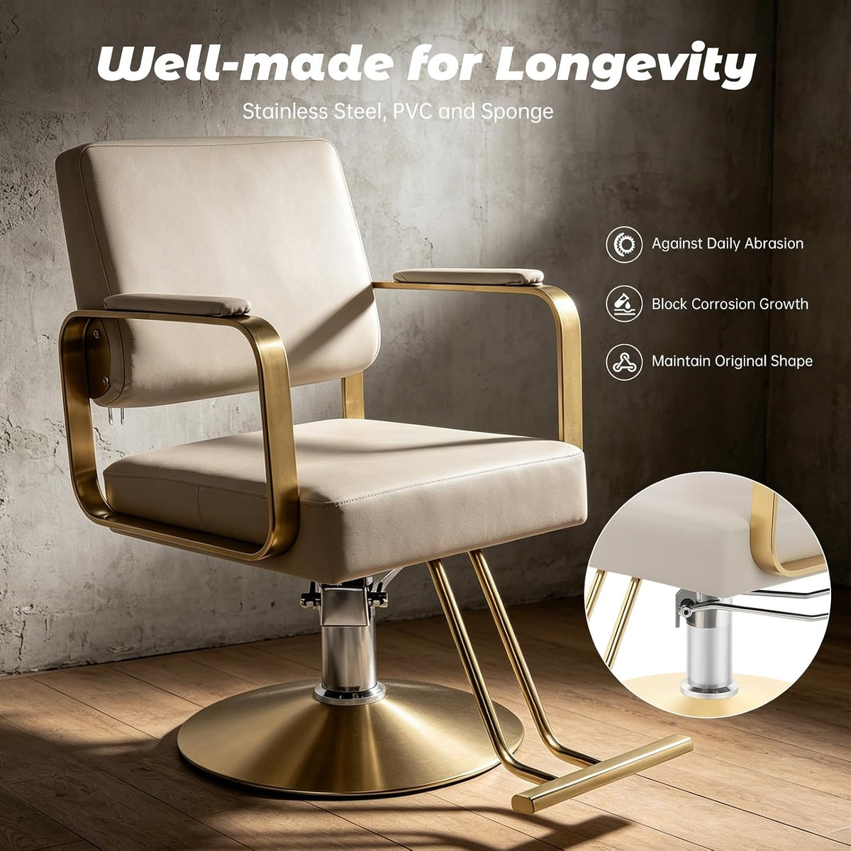 1PCS Swivel Styling Salon Chair with Hydraulic Pump, Gold + Beige - Image 4