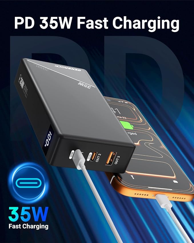 GENSROCK Portable Charger Power Bank 20000mAh,Travel Power Bank | 3 USB Ports | PD 35W Fast Charging | LED Display | 37Wh | Travel | Compatible with iPhone and Android | Flight-Safe | Black - Image 2