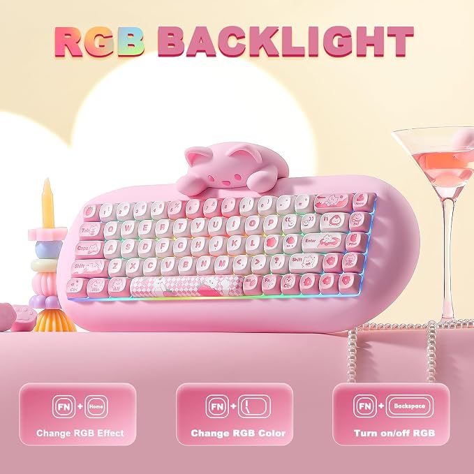 YUNZII C68 Silicone Cute Cat Mechanical Keyboard (Pink, Milk Switch) | Wireless Triple Mode BT5.0/2.4G/Wired, RGB Backlit NKRO, Cute Cat Silicone Ergonomic Design for Win/Mac - Image 4